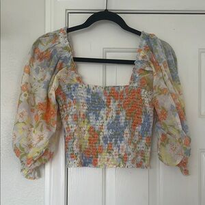 🐚🪸  Billabong Bohemian Floral Sunrise Smocked Puff Sleeve Top. NWT ☮️